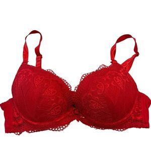 Natori Lace Overlay Padded Scalloped Trim Push-up Bra Red Size 38C